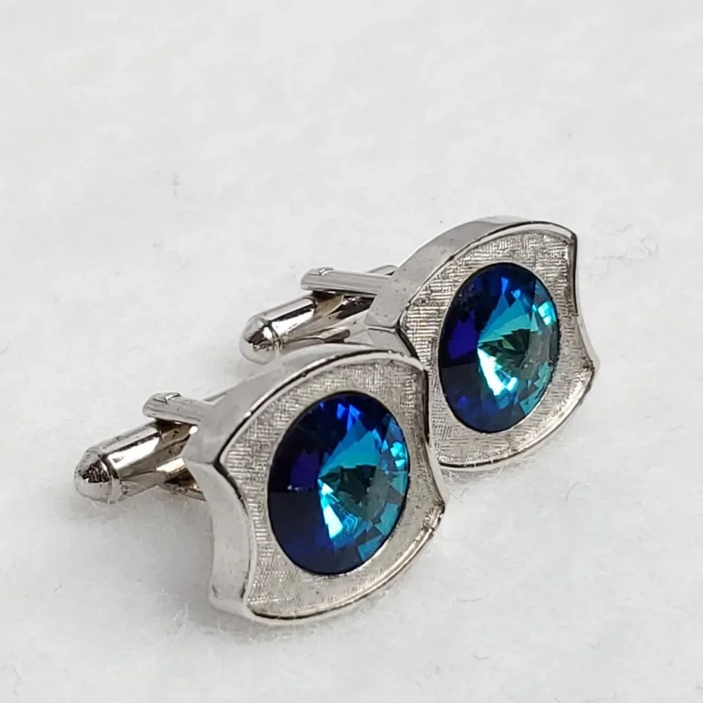 Vintage Shields Rivoli Cufflinks Silver Tone Blue Rhinestone Sparkles